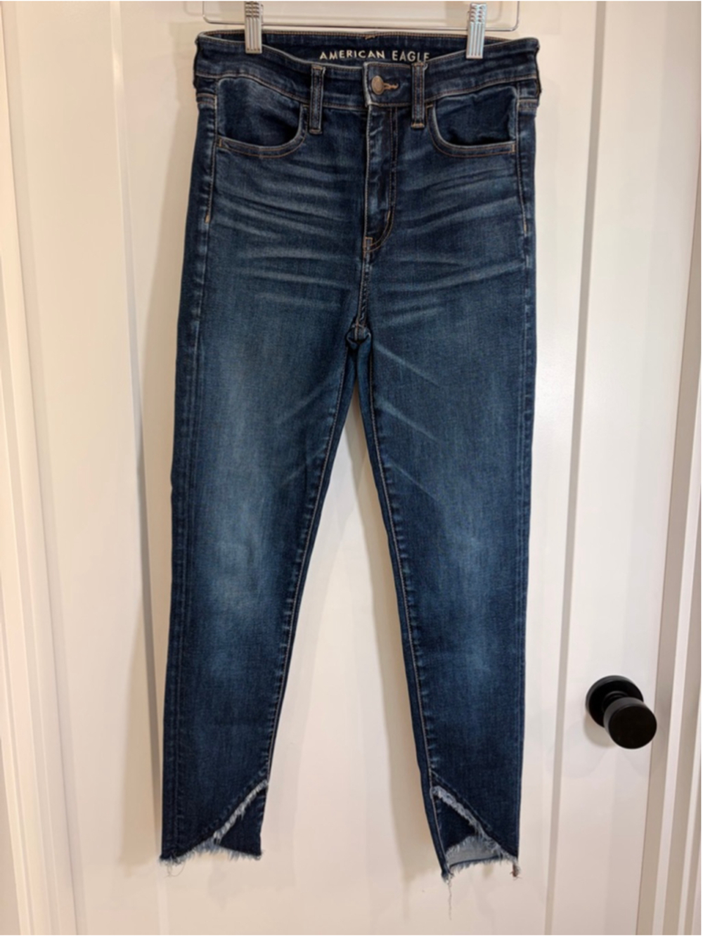 American Eagle Ne(x)t Level Stretch Dark Wash Crossover Raw Hem Jeans Size 4